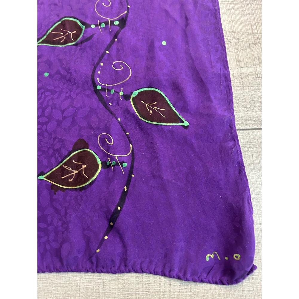 Hand Painted Purple Silk Scarf Floral Vine Leaf Jacquard  Signed Art M.O